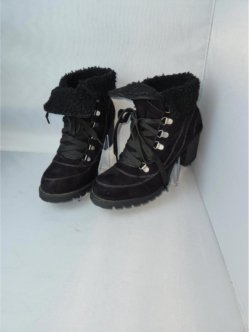 Jelly Pop Black Suede Lace-Up Ankle Boots with Faux Fur Cuff and Block Heel - Picture 2 of 14
